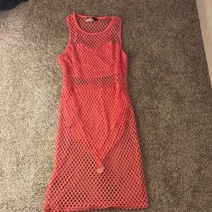 Elegant Coral Mesh Midi Dress